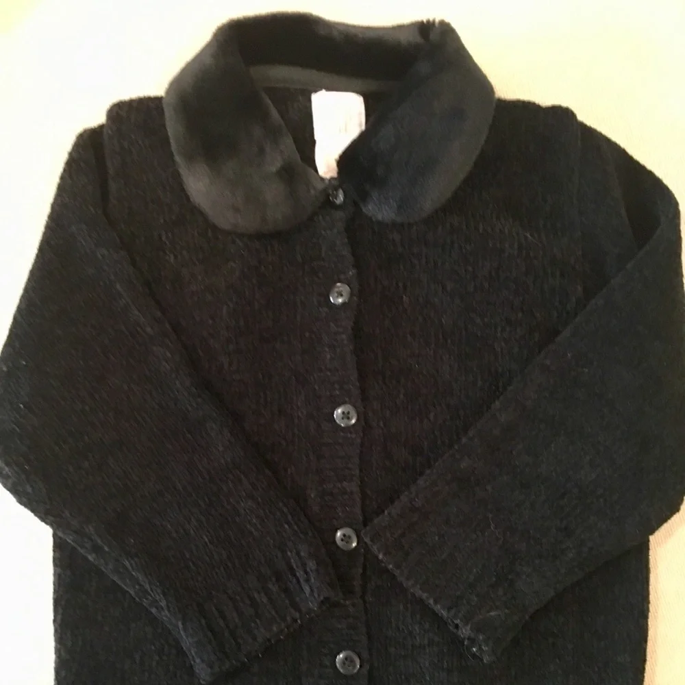 Vintage babyGAP Black Chenille Cardigan Sweater w/Faux Fur Collar, sz 2xl/3xl